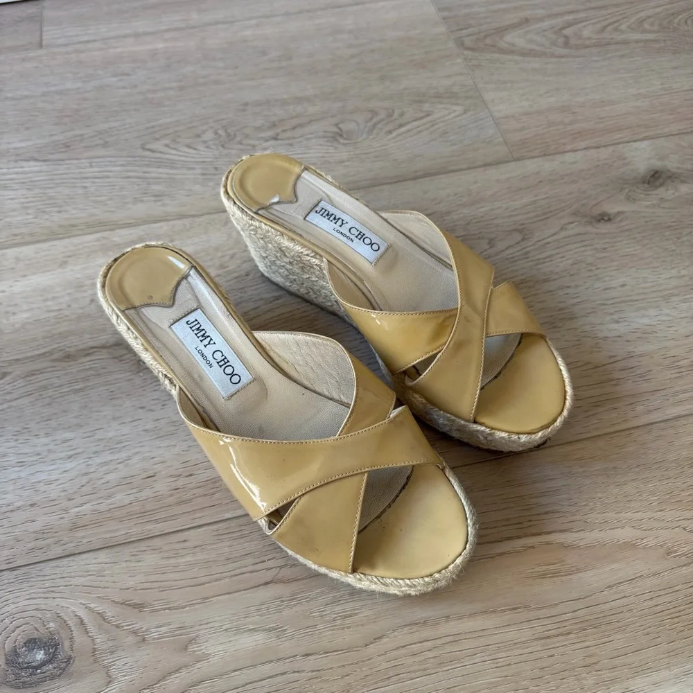 Jimmy Choo Yellow Patent Leather Wedge Espadrille Sandals